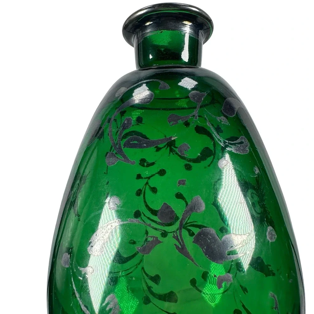 Vintage Empoli‎ Italian Emerald Green Glass Decanter Silver Overlay Floral MCM